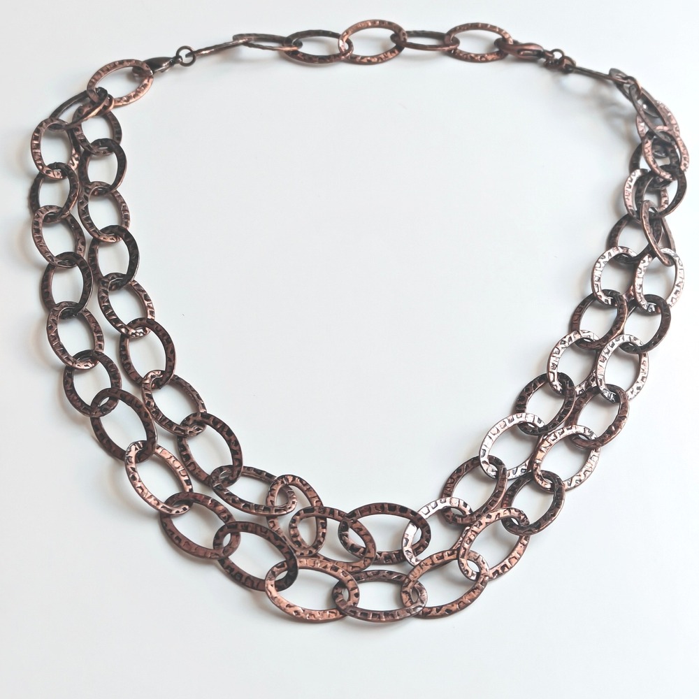 Hammered Copper Tone Multi Strand Oval Link Chain Necklace Extender Versatile